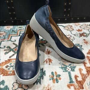 Vionic Jacey Navy Blue Leather Wedge Shoes